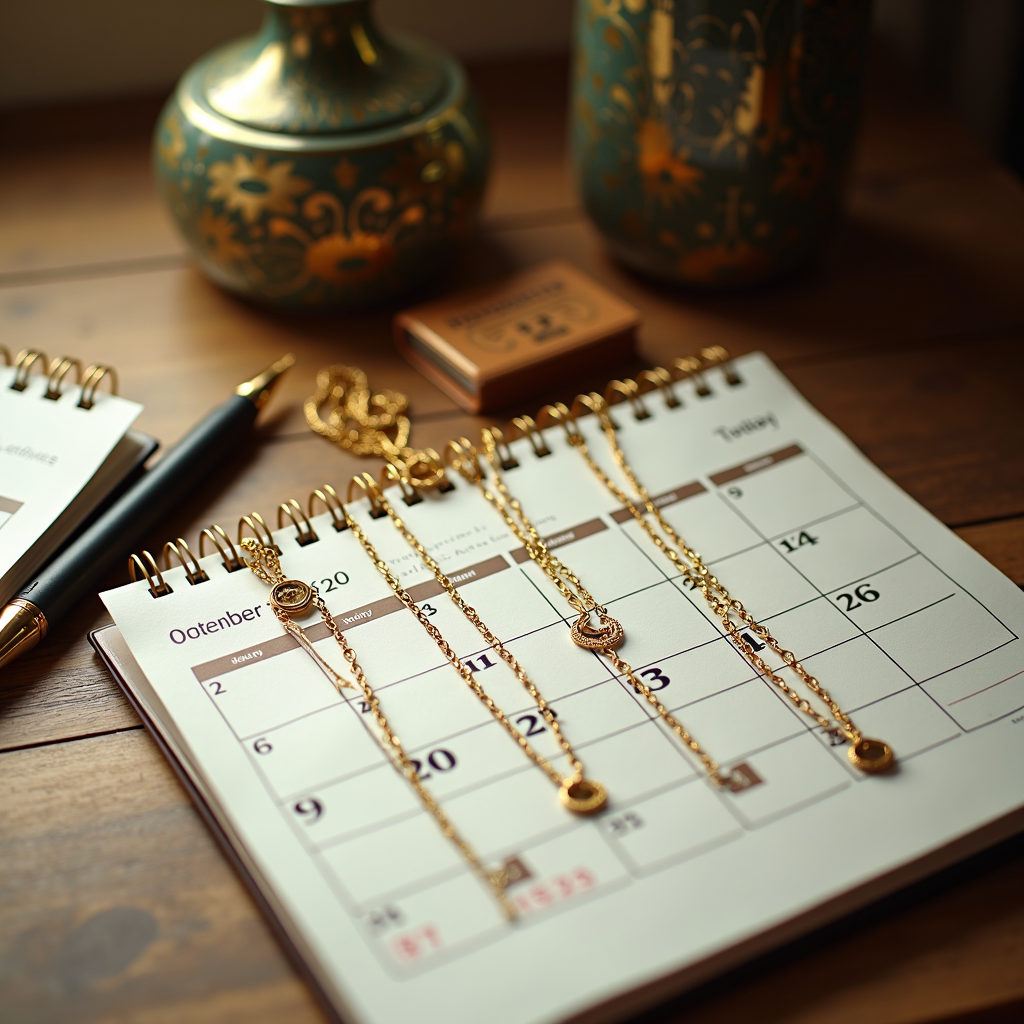 A desktop adorned with a calendar, gold necklaces, an ornate pen, and two decorative ceramic vases.