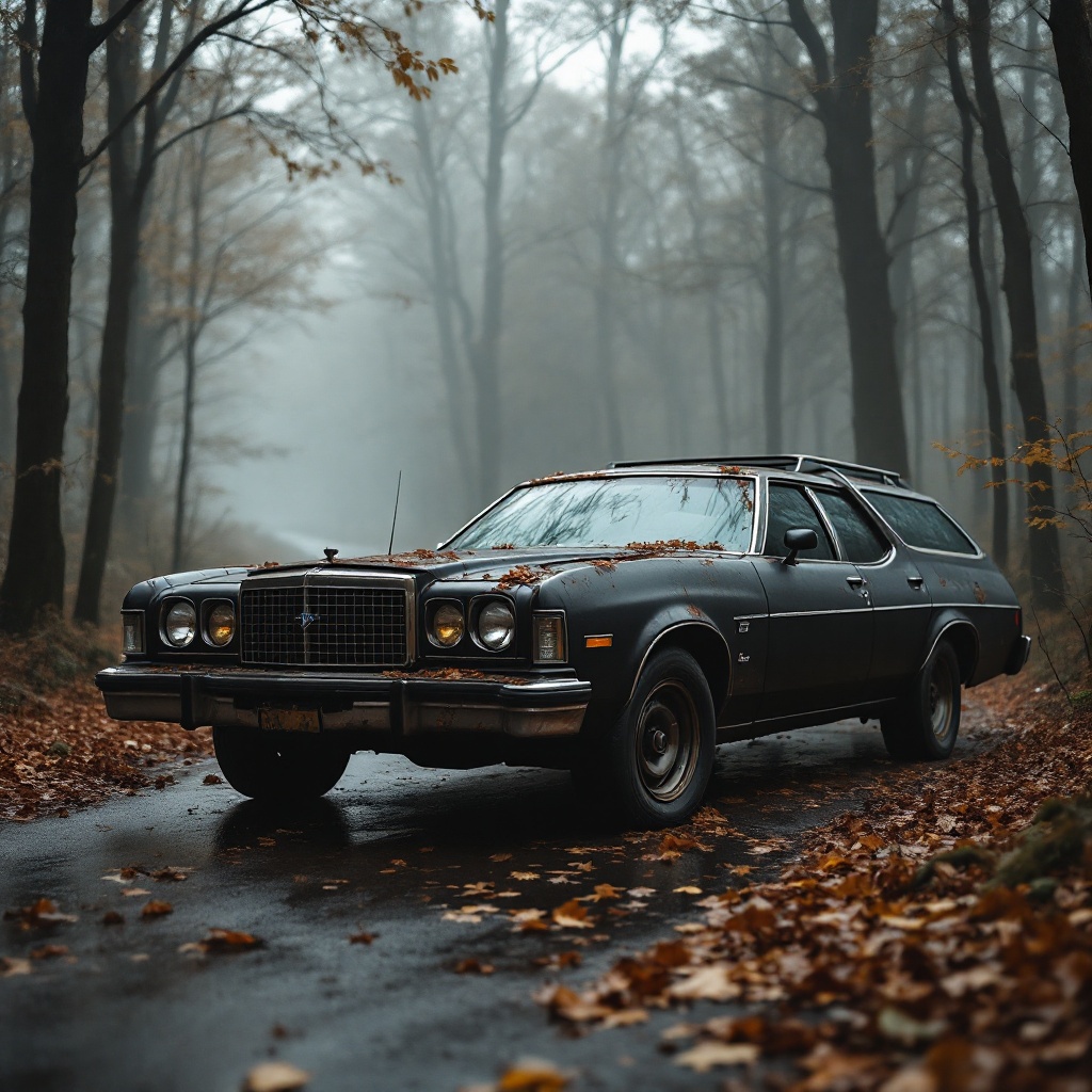 An old worn-out rusty matte black Ford Gran Torino wagon from 1975 is parked on a damp road in a foggy forest during fall. The atmosphere is thick with mist, enhancing the vintage feel of the car. Dark trees line the road, and fallen leaves cover the ground, adding to the autumn vibe. The photograph captures the essence of nostalgia for classic cars. The car's matte black finish contrasts beautifully with the surrounding nature, featuring four round headlights.