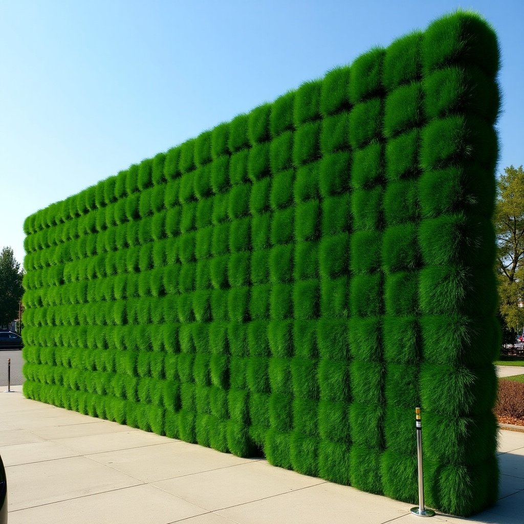 Massive artificial grass wall with vibrant green grass. Wall height 4 meters, length 40 meters. Clear blue sky in background. Ideal for event decor or landscaping projects. Innovative design incorporating natural elements.