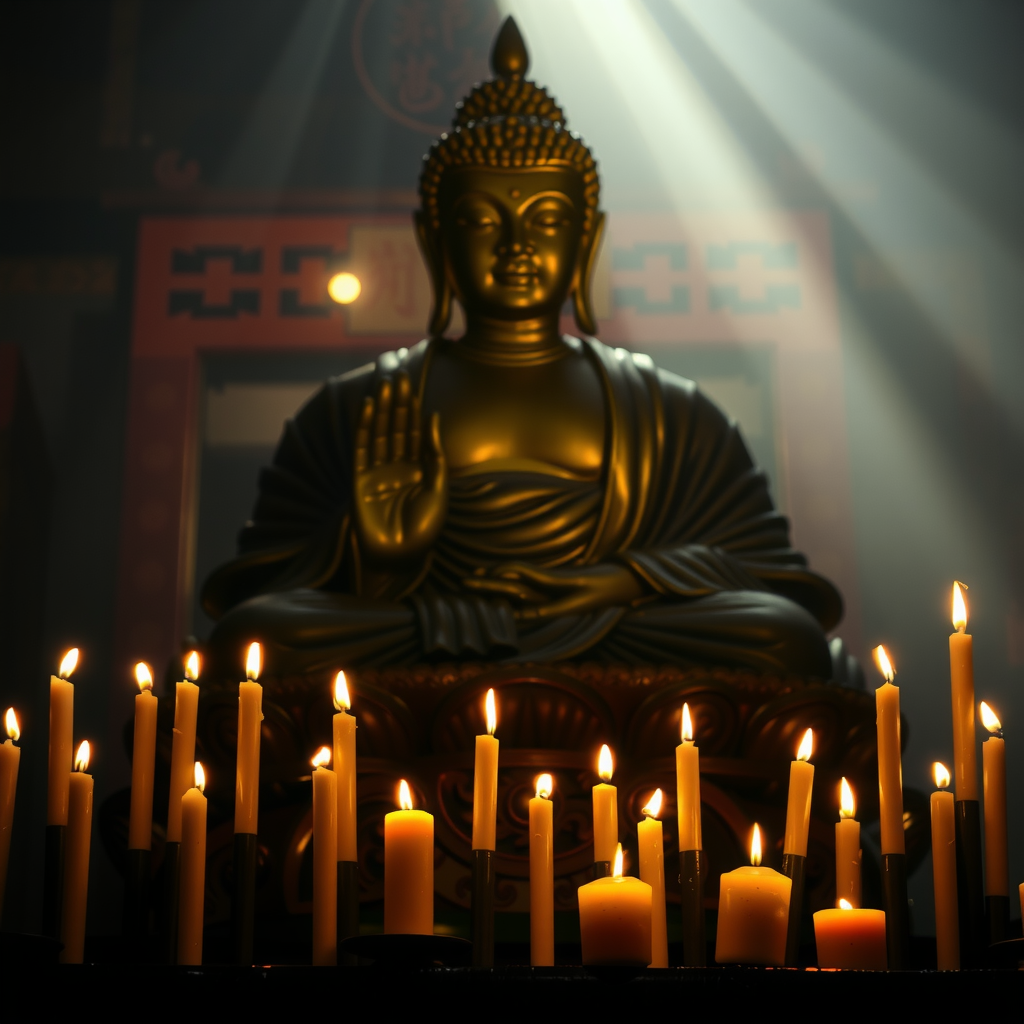 A Buddha statue surrounded by glowing candles with light rays streaming through the scene.