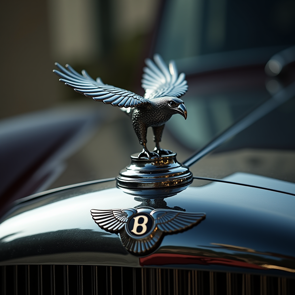 A shiny bird-shaped hood ornament sits elegantly on a classic car, symbolizing speed and grace.