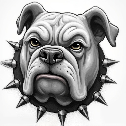 Airbrushed logo showing a bulldog head surrounded by a spiked collar. Emphasis on the bulldog's fierce expression.