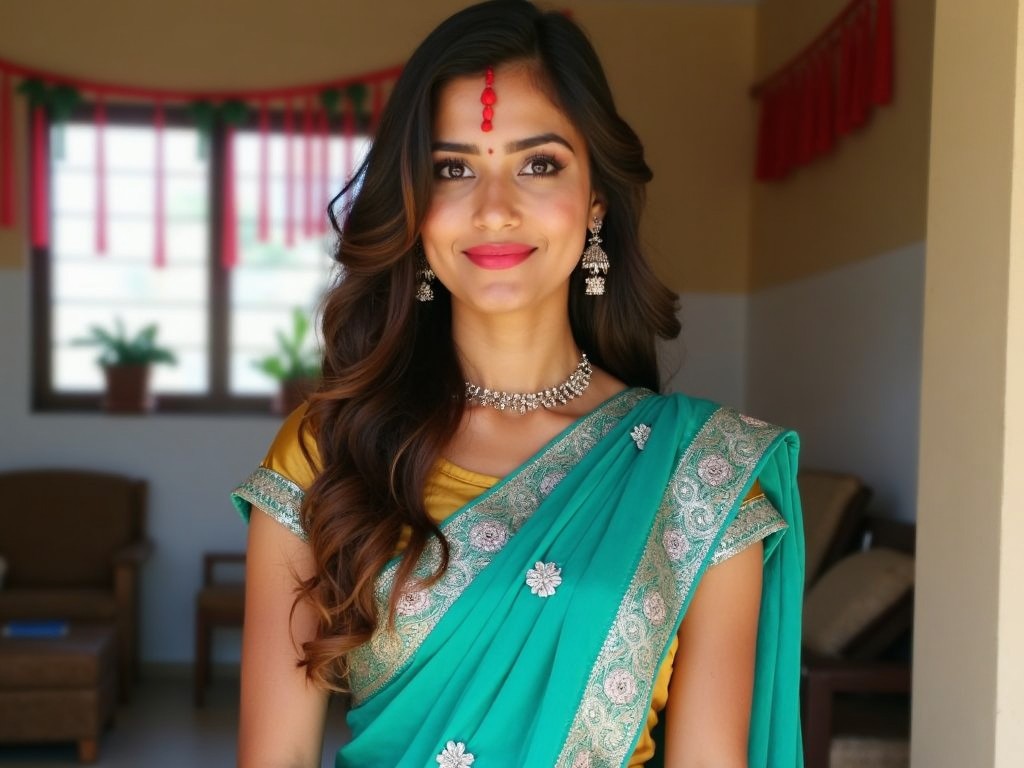 The image depicts a young woman dressed in a vibrant teal sari with intricate silver designs. The sari is elegant and has a traditional look, paired with a short-sleeved golden blouse. She has long, wavy hair cascading down her shoulders and sports traditional jewelry. Her makeup includes bright red accents on her cheeks, highlighting her features. The background shows a simple indoor setting, likely a cultural or festive atmosphere, indicated by the decorations. This attire and the setting suggest a celebration or special occasion.