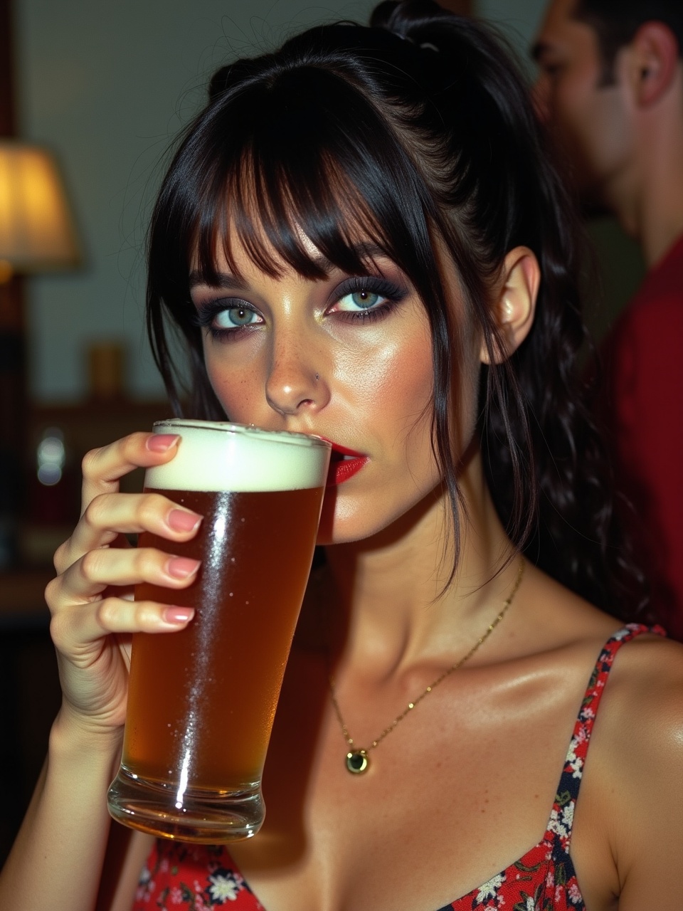 The image captures a poised young woman in a vibrant setting, taking a moment to sip a frothy beer from a tall, clear glass. Her intense, captivating eyes stand out, framed by her dark hair and vivid makeup. The background is softly blurred, emphasizing the subject's striking features and the drink in her hand.