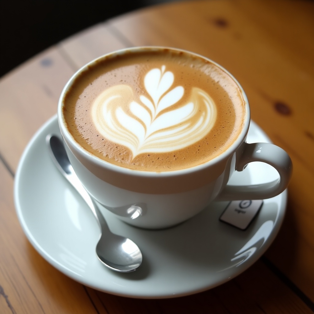 This image showcases a beautifully presented cappuccino in a white cup. The foam on top has intricate latte art, creating a leaf design. The cappuccino is placed on a simple white saucer with a small silver spoon beside it. The setting features a warm wooden table, enhancing the cozy feel of the image. Soft, natural lighting adds depth to the colors of the coffee and foam, inviting viewers to enjoy the experience of a delicious warm beverage.