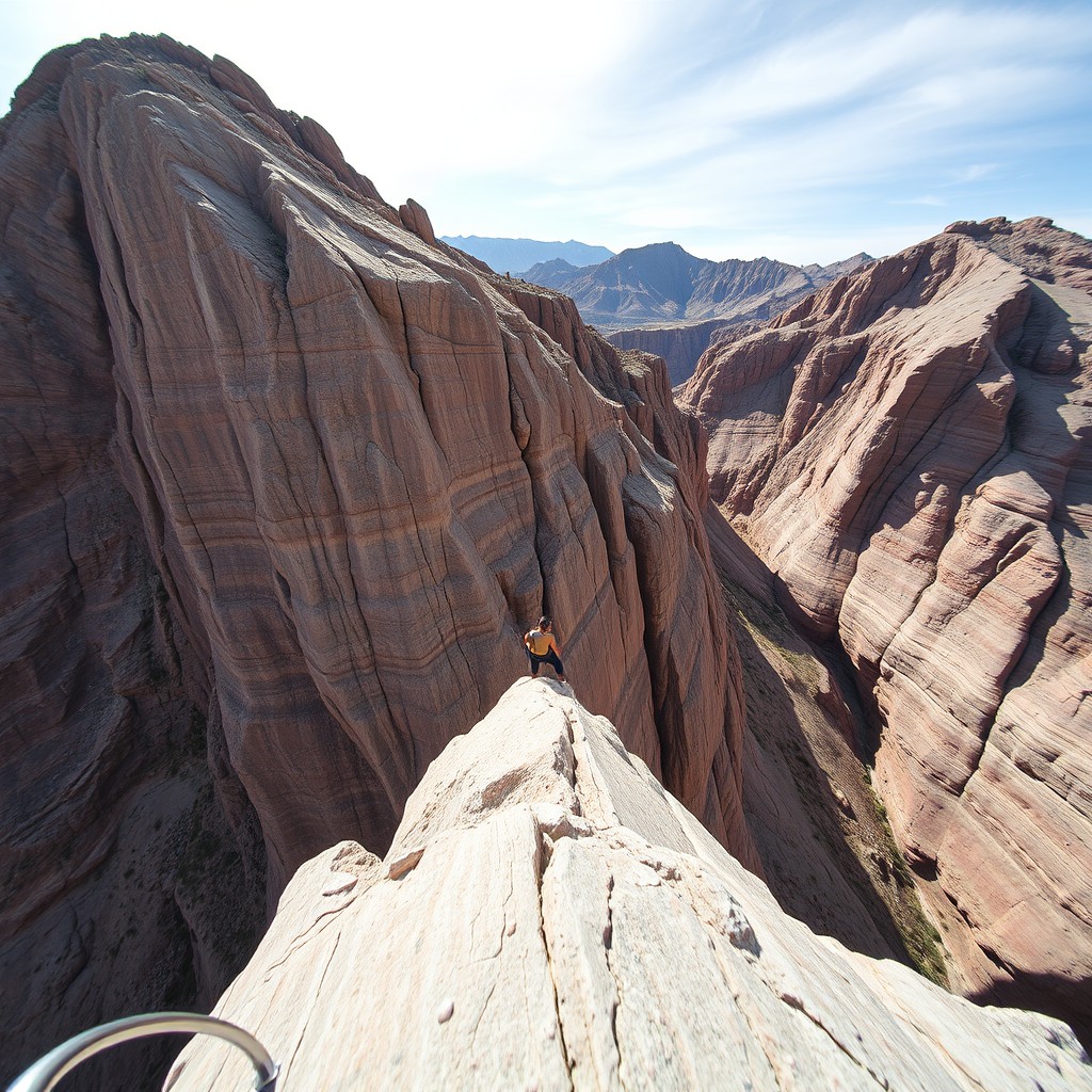 A climber ascends a narrow ridge on a rugged, striped mountain range under a clear blue sky.