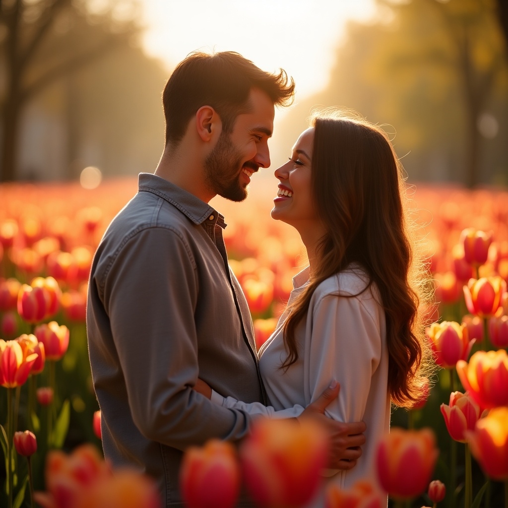 Loving couple standing close together in a field of tulips. They are smiling at each other. Warm sunlight illuminates their faces. The background is filled with vibrant tulips. The scene captures joy and connection in a serene setting. Perfect representation of love in spring.