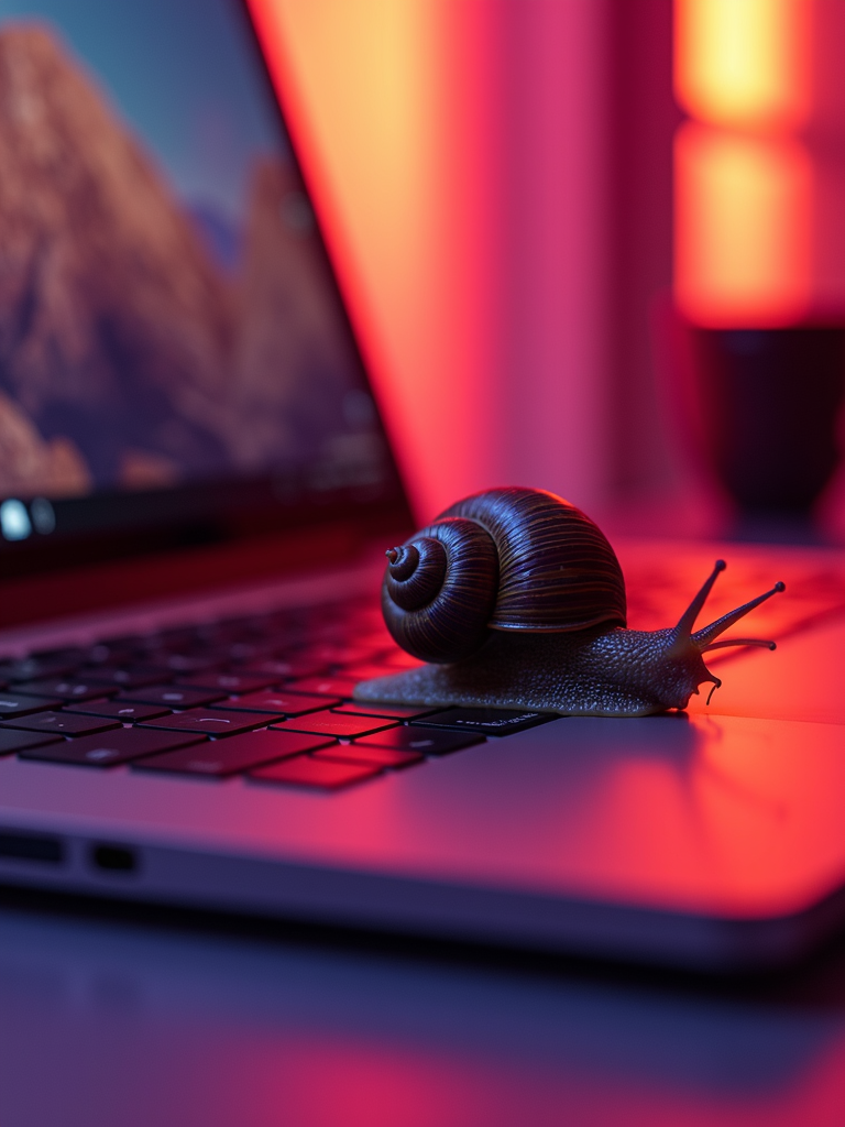 A snail is crawling on a laptop keyboard with vibrant pink and blue lighting.