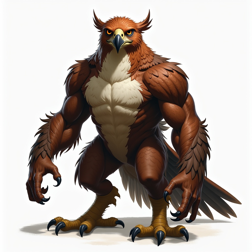 Creature with hawk characteristics and humanoid features. Sharp eyes reflect intelligence. Stands upright with powerful posture. Feathers on arms transition into strong hands. Chest combines feathers and skin, suggesting flight strength. Face features a hawk's beak and human-like eyes.