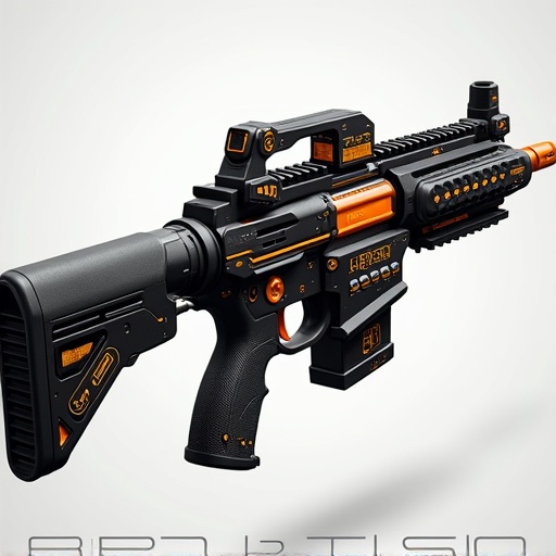 Futuristic tactical rifle with black body and orange highlights. Advanced design features display panels. Suitable for sci-fi video games. Emphasizes intricacies of design.