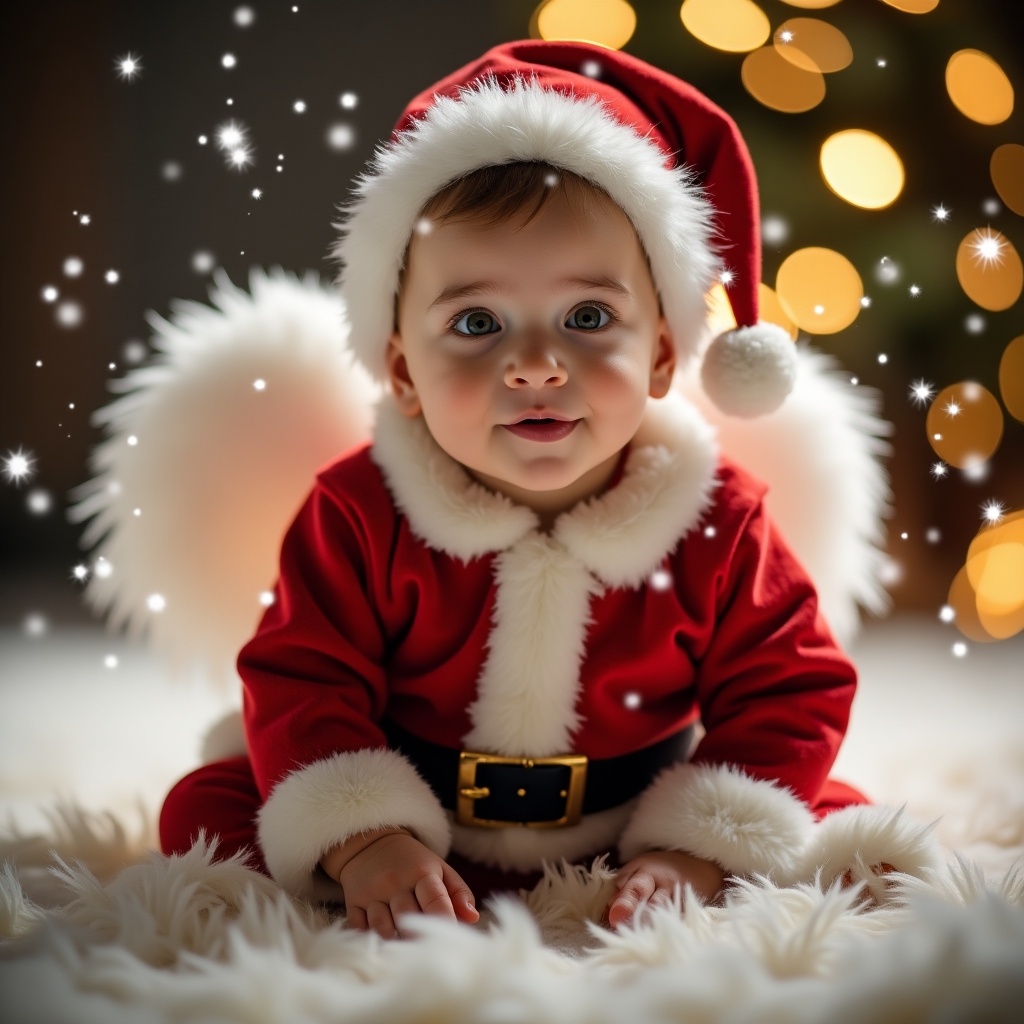 A sweet baby boy named Luke is dressed as Santa Claus, complete with a fluffy Santa hat. He sits on a soft, white rug, embodying the spirit of Christmas. The background is adorned with soft, glowing lights that create a bokeh effect. Snowflakes appear gently falling around him, adding to the magical atmosphere. This scene radiates warmth and joy, perfect for holiday celebrations.