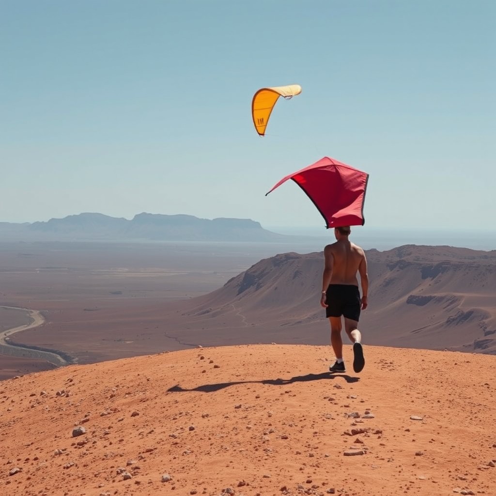 A person flies a kite on a desert hilltop under a clear blue sky.