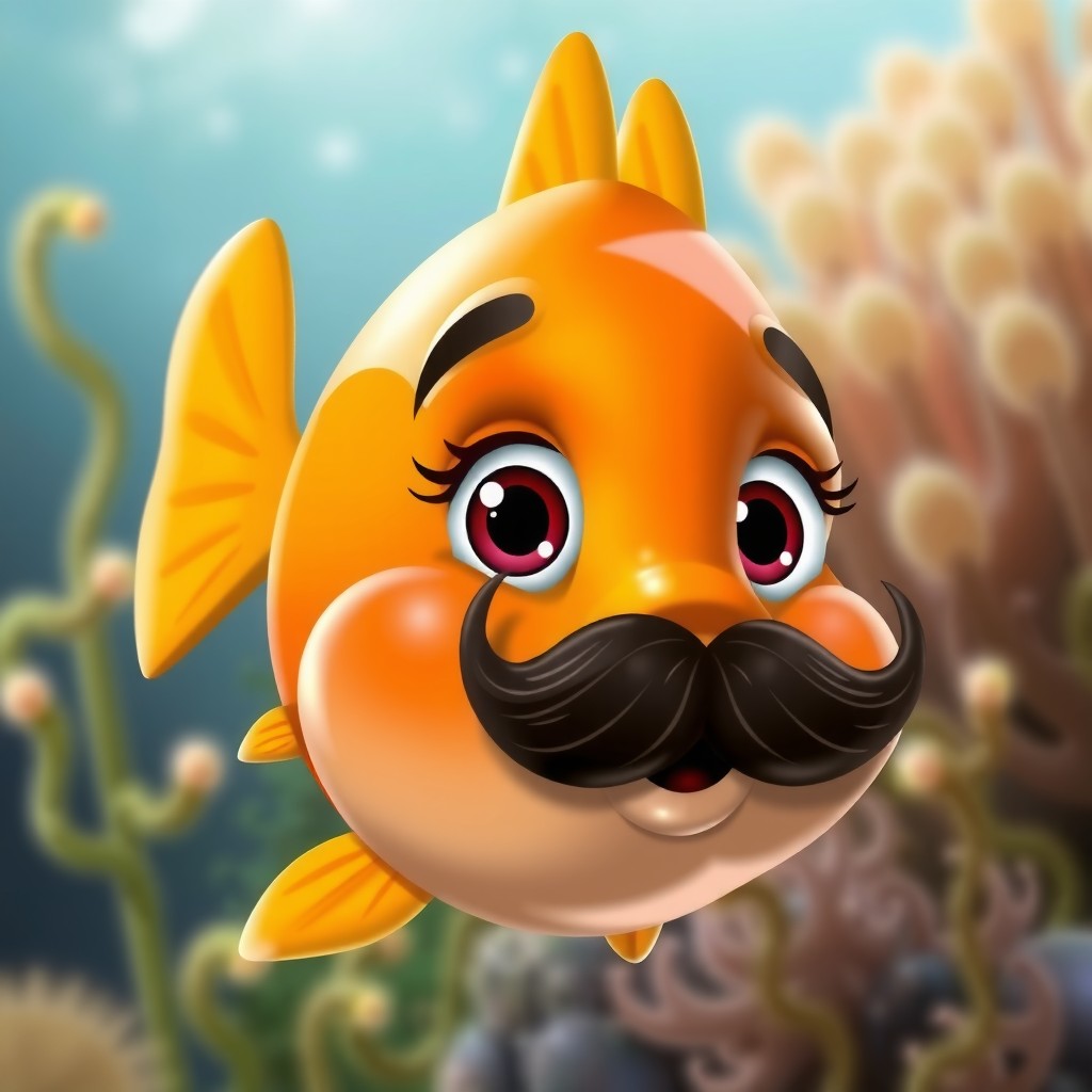 A cartoon orange fish with a large mustache swims in an underwater setting.