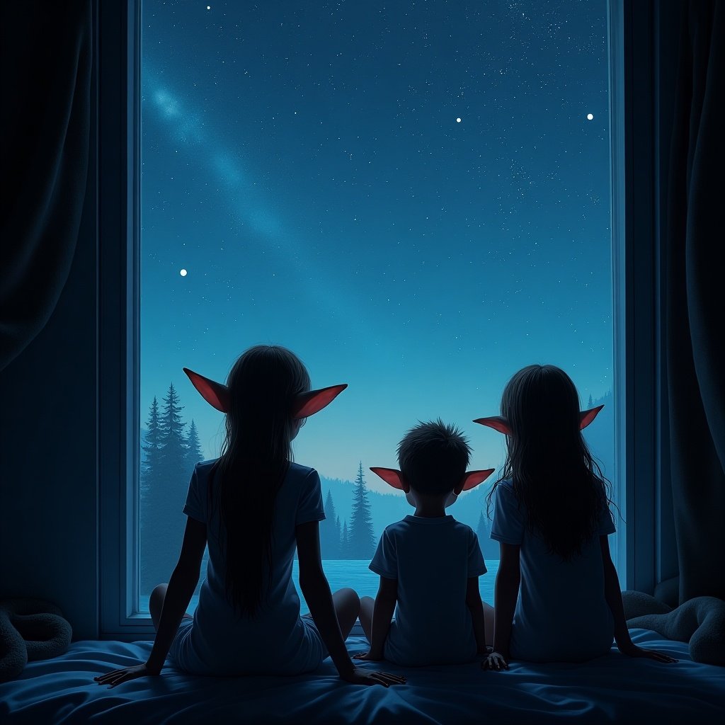 Elves sitting by a window at night. Stars and glowing names visible in the sky. Names include Finley.