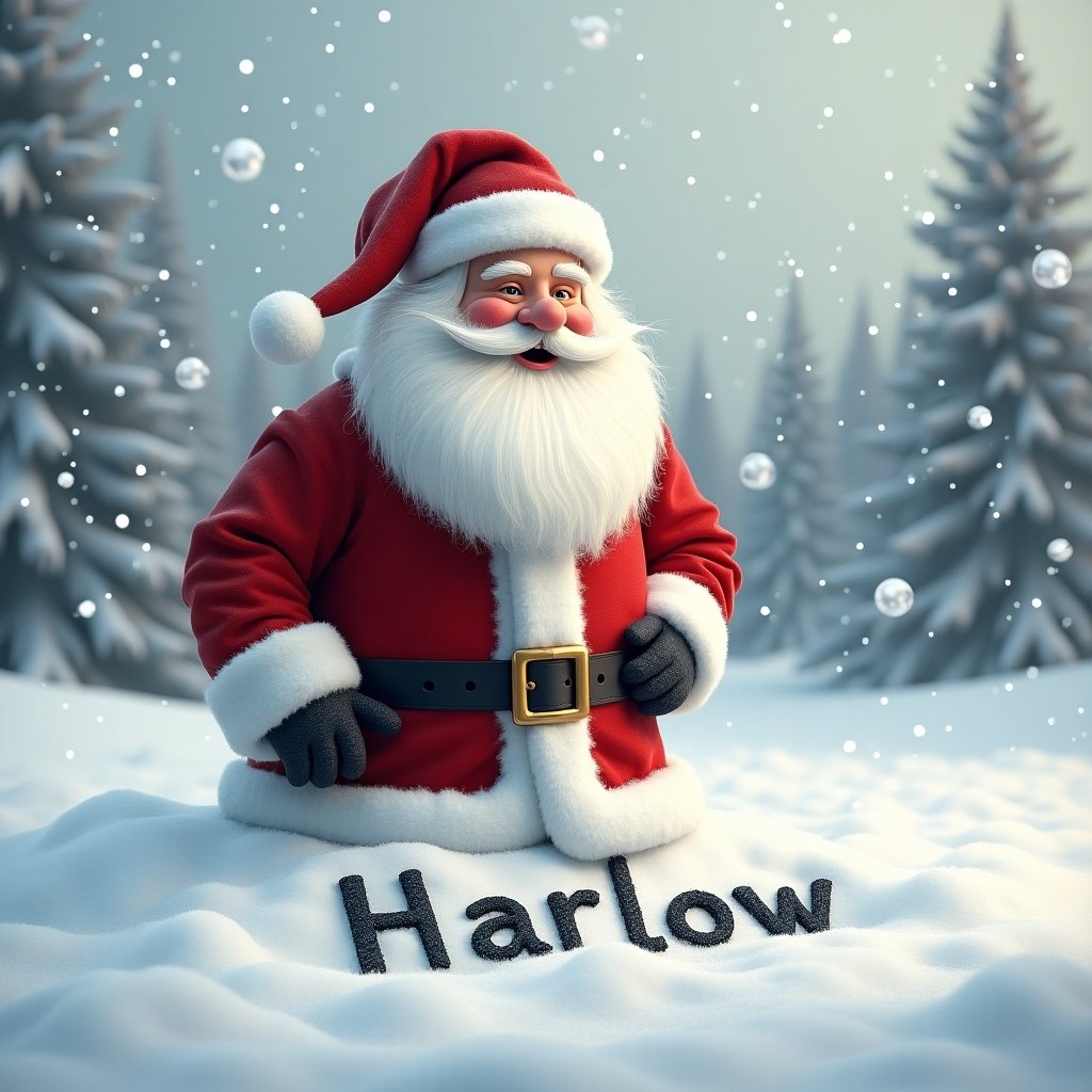 A realistic depiction of Santa Claus in the snow writing the name Harlow. Full red outfit, white beard, playful expression, surrounded by snowy trees and snowflakes falling.