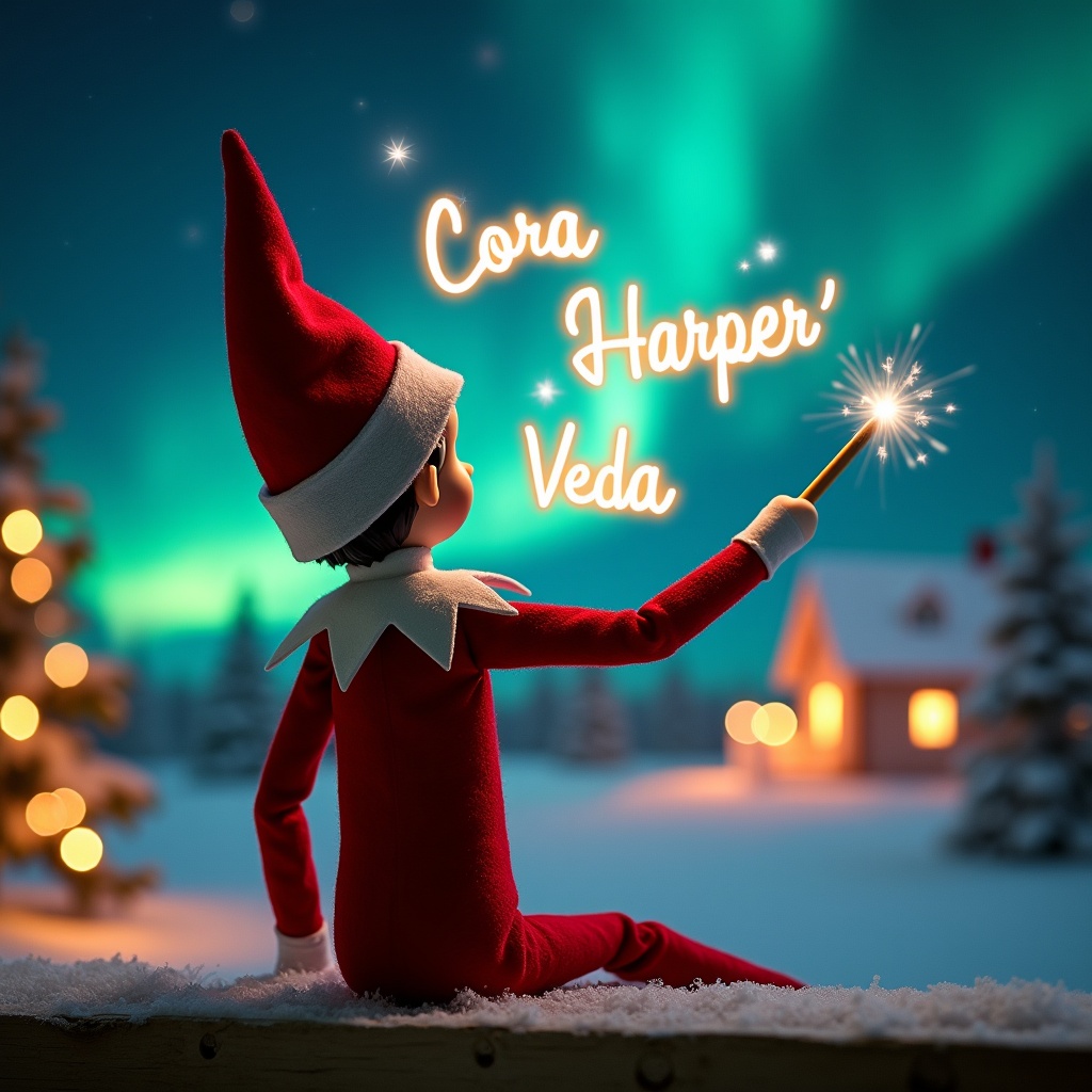 An enchanting Christmas scene features an elf on the shelf with his back turned to the viewer. The elf, dressed in red and white, holds a magic wand aloft. He is writing 'Cora', 'Harper', and 'Veda' in glowing letters in the air. The backdrop includes stunning northern lights casting vibrant colors. Trees are illuminated with festive lights, adding to the magical atmosphere. This whimsical setting evokes joy and excitement, capturing the essence of the holiday season.