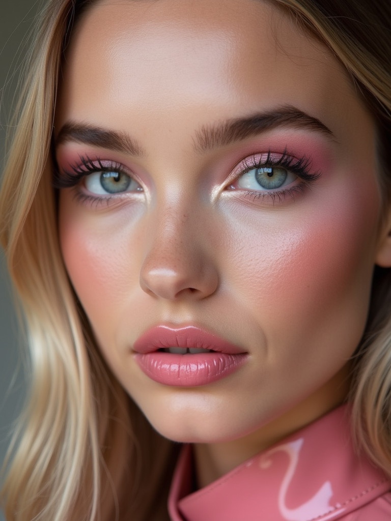 Closeup of a young woman in her twenties. Large bright eyes with rosy pink hue. Expertly applied pink makeup includes pastel pink eyeshadow with shimmer and long defined lashes. Light pink blush across cheeks glossy pink lips. Outfit is stunning leather dress with shiny finish.