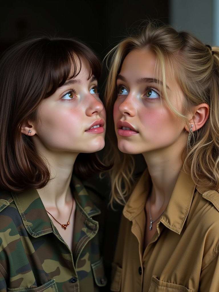 Two teenage girls wear military shirts. One has dark hazel hair one has honey-blonde hair. They look away from each other. Background is dark and blurred.