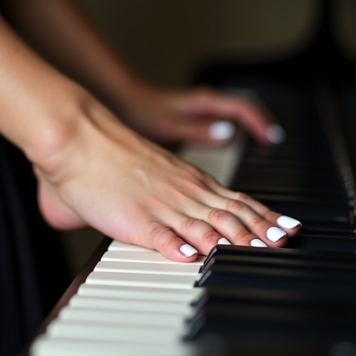 A woman's feet positioned over piano keys. The feet have white toenail polish. The focus is on the connection between the feet and piano keys. The image shows a side view with no hands visible.