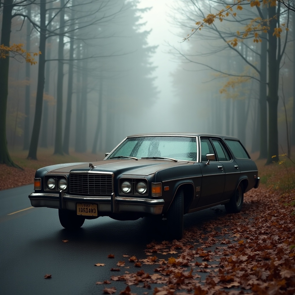 An old worn-out rusty matte black Ford Gran Torino wagon from 1975 is parked on a damp road in a foggy forest during fall. The atmosphere is thick with mist, enhancing the vintage feel of the car. Dark trees line the road, and fallen leaves cover the ground, adding to the autumn vibe. The photograph captures the essence of nostalgia for classic cars. The car's matte black finish contrasts beautifully with the surrounding nature. It has four round headlights, adding to its classic look.