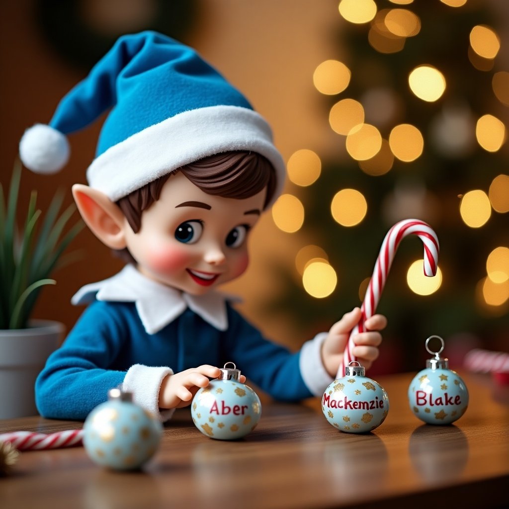 This image features a charming Christmas elf dressed in cheerful blue attire and a festive hat, focused on writing names on decorative baubles. The elf has a playful expression, holding a red and white candy cane. Surrounding the elf are various holiday decorations, creating a warm and inviting atmosphere. A softly lit Christmas tree adorned with twinkling lights is visible in the background. The names 'Mackenzie' and 'Blake' are being inscribed on the baubles, adding a personal touch to the scene. The overall image captures the essence of holiday cheer and delightful anticipation perfect for the festive season.