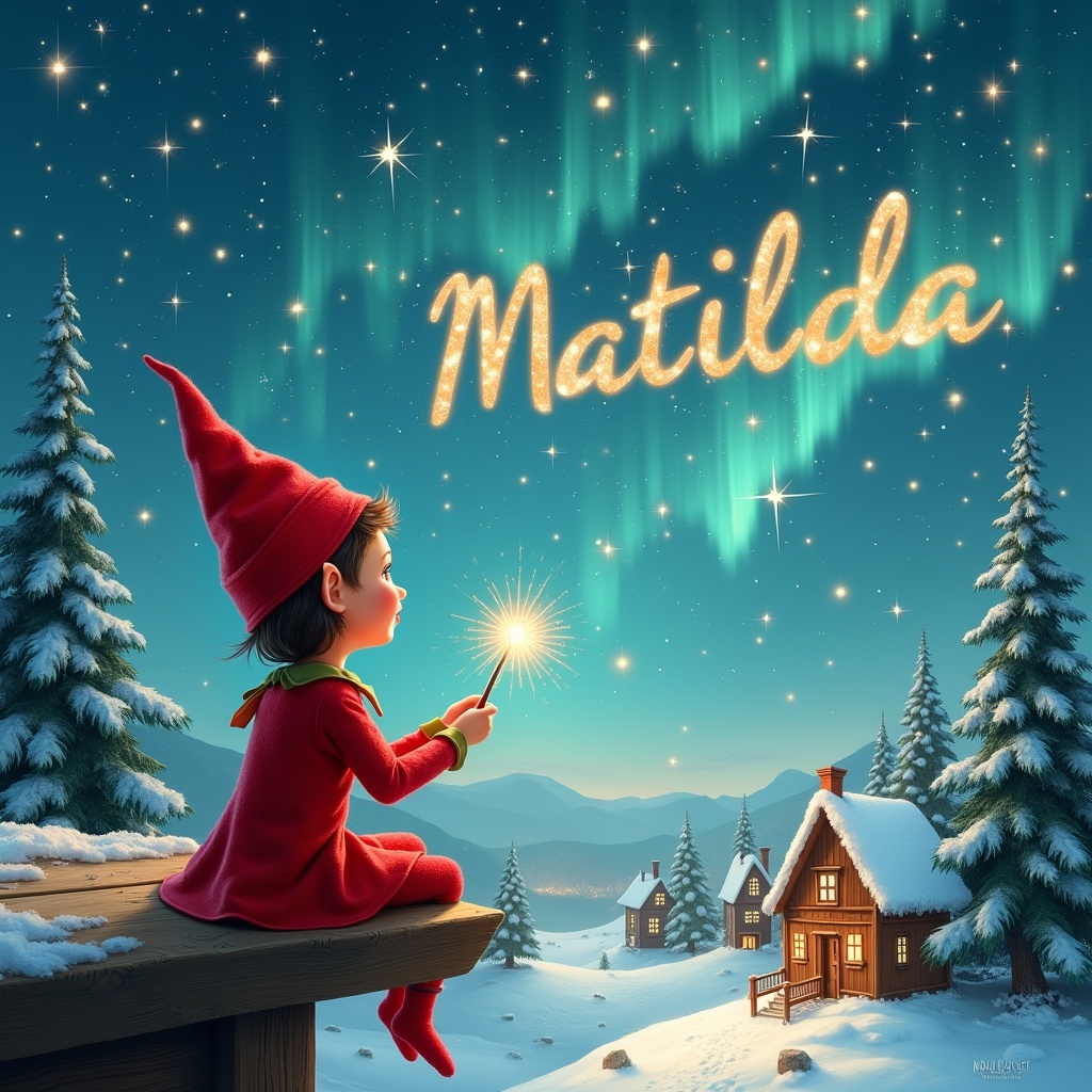 Elf sits on wooden ledge facing magical sky. Elf wears red outfit and pointed hat. Elf holds sparkling wand. With the wand, elf writes 'Matilda' in the sky. Scene includes snowy landscape and charming houses. Evergreen trees under shimmering Northern Lights. Captures childhood magic and Christmas cheer. Elf adds names 'Nada', 'Ada', and 'Anevaeh' in the sky.