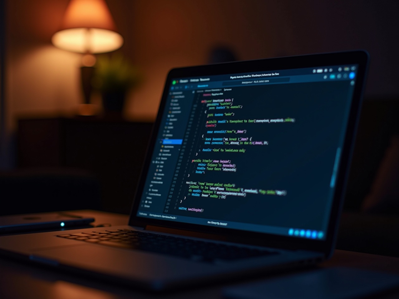 A laptop displaying code on a dark mode integrated development environment (IDE) sits on a table. The screen is alive with lines of code, indicating active programming work. The atmosphere is quiet and calm, with a cozy lamp casting a warm glow in the dimly lit room. The soft light highlights the sleek design of the laptop. This scene evokes a sense of focus and creativity in a tech-savvy environment.