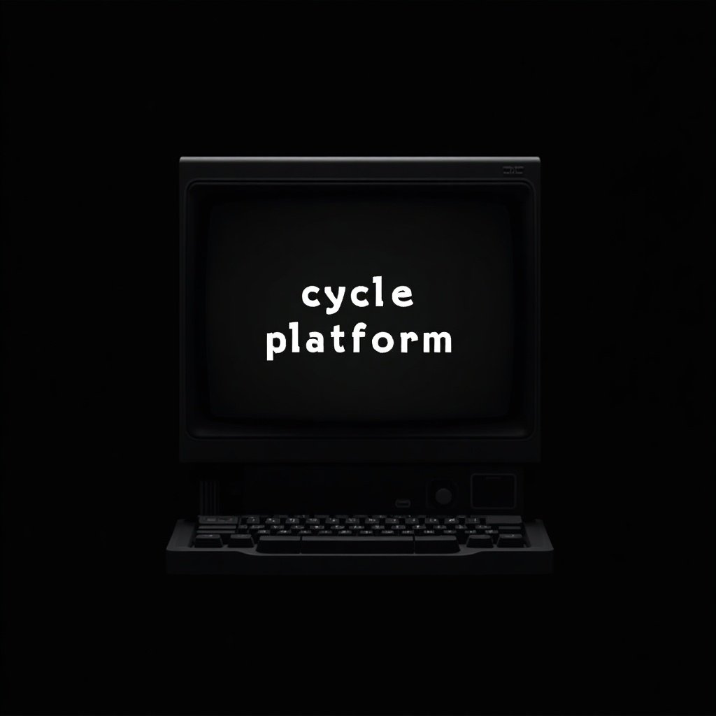 Create an image of a retro computer resembling models from the early 80s. The computer screen should display the text 'cycle platform' in a clear, bold white font. Use a solid black background to enhance the vintage feel. The computer should have a classic design with a monitor and keyboard. The overall vibe should evoke nostalgia and the charm of early personal computing.