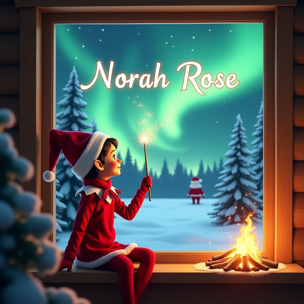 The image features an adorable elf on the shelf sitting on a window ledge inside a warm cozy cabin with the fire blazing. She is using a magical wand to write the name Norah Rose in the sky outside while looking up at a stunning display of northern lights. The background is set in a winter wonderland, filled with snow-covered pine trees, conjuring a festive holiday feel. Santa is in the distance. Dressed in a vibrant red outfit with white trim and red scarf, the elf embodies the Christmas spirit. The scene is illuminated by the enchanting colors of the aurora borealis, enhancing the magical ambiance.