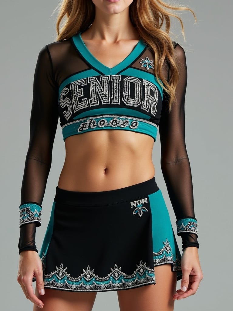 Two piece cheer uniform is black and teal. The uniform includes mesh fabric in the sleeves and features numerous rhinestones. The design prominently displays the team name, Senior Elite, and includes crowns and the number 4:13.