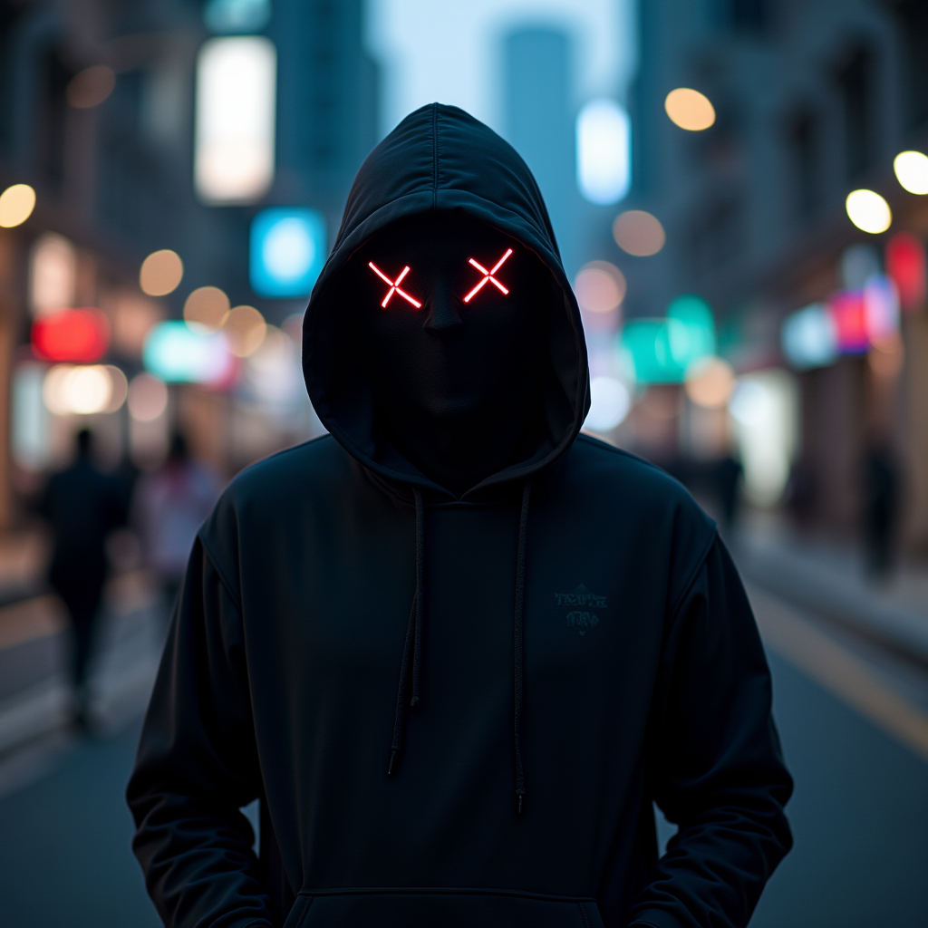 A mysterious figure wearing a hoodie with glowing X-shaped eyes stands on a city street.