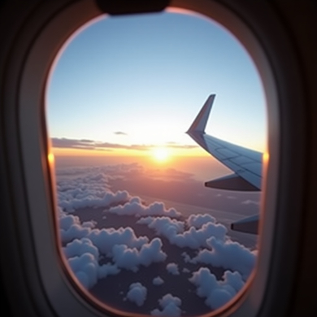 Morning view through an airplane window showing sunrise over clouds. Captured in a flight. Wing of the plane visible with vibrant colors.