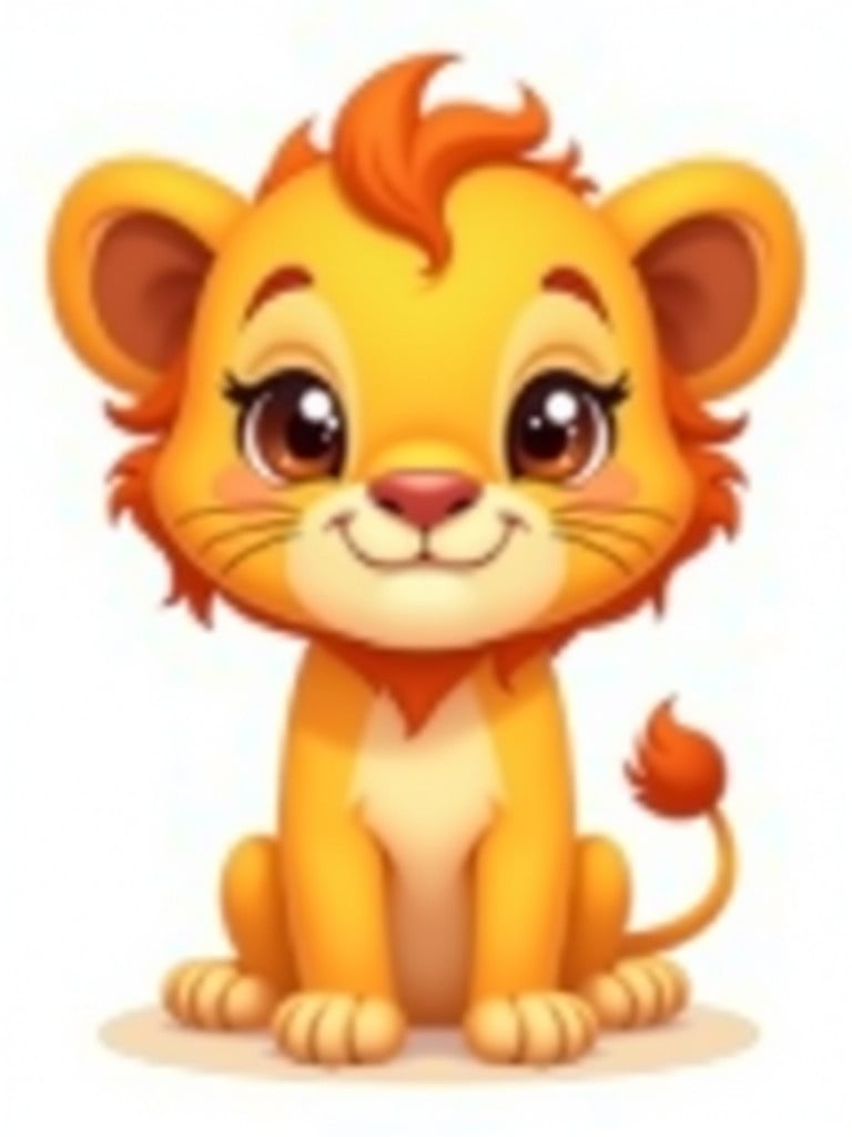 Digital illustration of a young lion cub in cartoon style. Lion cub has large expressive eyes and cute small nose. Fur is well-defined with soft lines for a fluffy appearance. Short mane shows youthfulness with visible ears peeking out. Body sitting with visible paws, tail curling playfully. Features whisker spots and subtle smile conveying innocence. Background is simple or white.