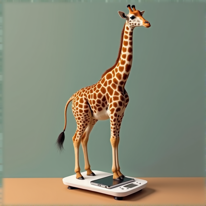 A giraffe standing on an electronic scale in a whimsical scene.