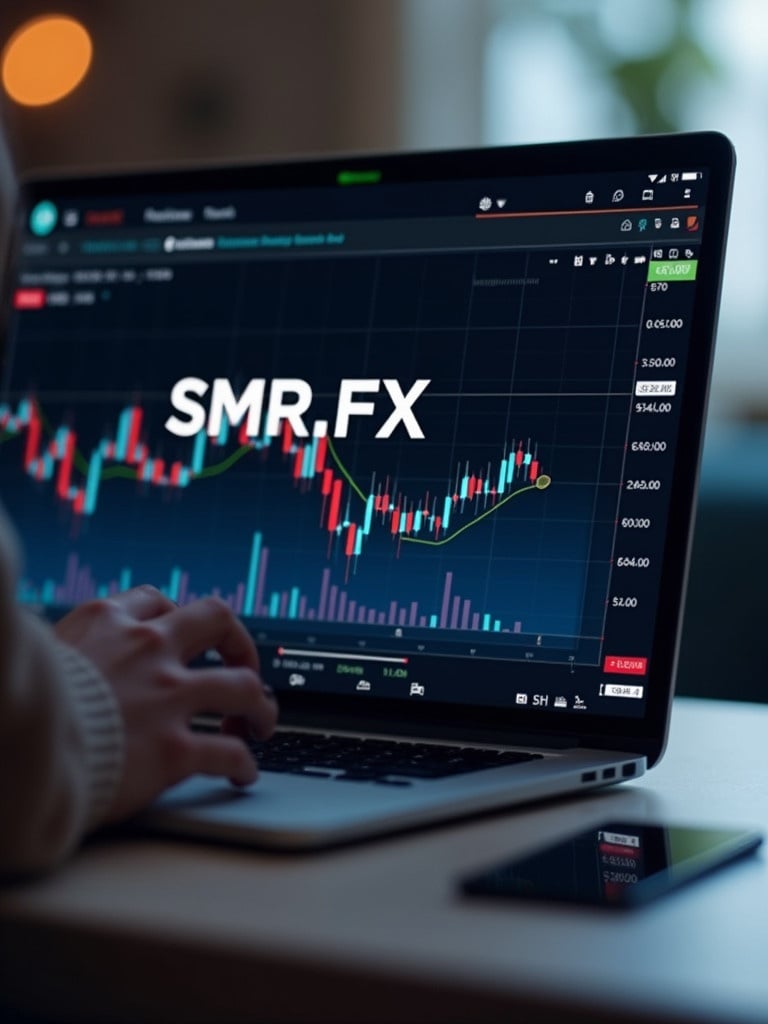 Forex trading displayed on a laptop screen. SMR.FX shows price movements and trading indicators. Person interacts with the laptop in a cozy setting.