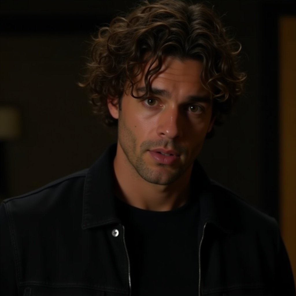 A man with curly hair has a serious expression. He looks directly at the camera. Setting is dimly lit.