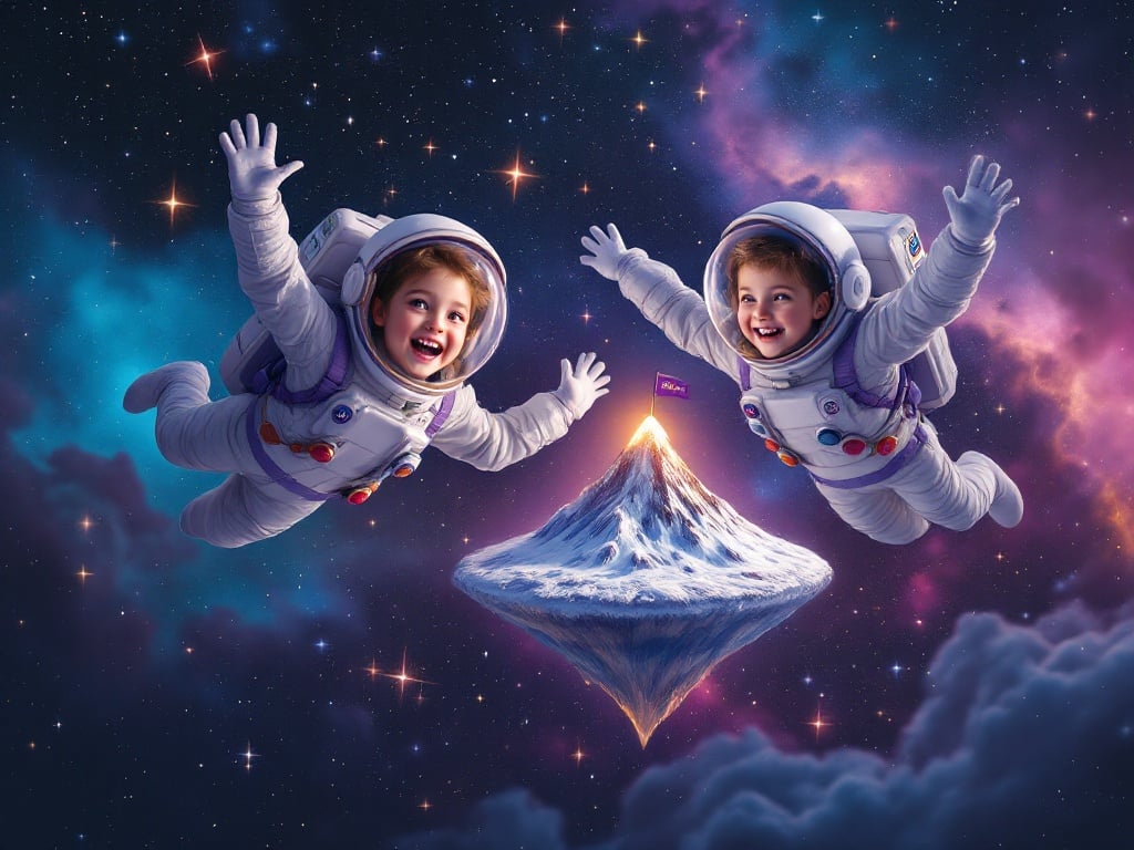 Two children in astronaut suits joyfully floating in space. They exhibit wonder and excitement. A small mountain in the distance has a snow cap. A purple flag displays the word 'Quest' in gold. Stars and nebulae surround them creating a magical atmosphere.