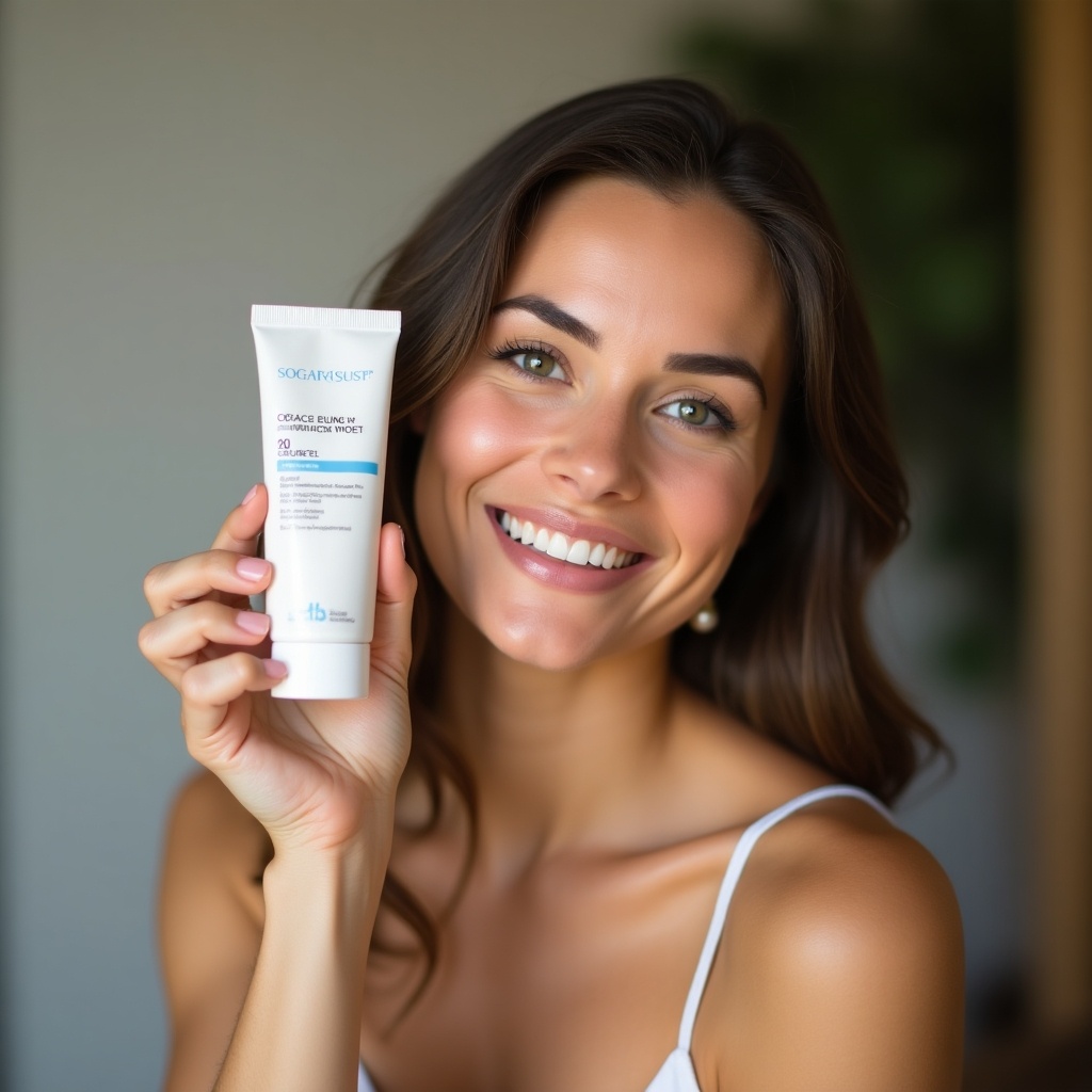 A beautiful individual holds a skincare product in a casual setting. She is smiling with confidence. Soft lighting enhances the scene. The product is displayed upright in her hand. The atmosphere is inviting and showcases beauty.