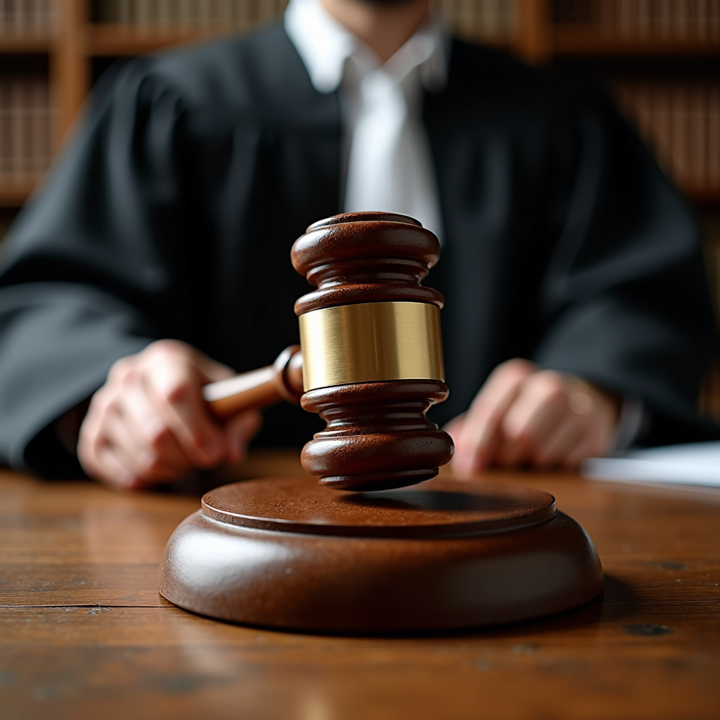 A judge in a black robe prepares to strike a gavel in a courtroom, symbolizing legal decision-making.