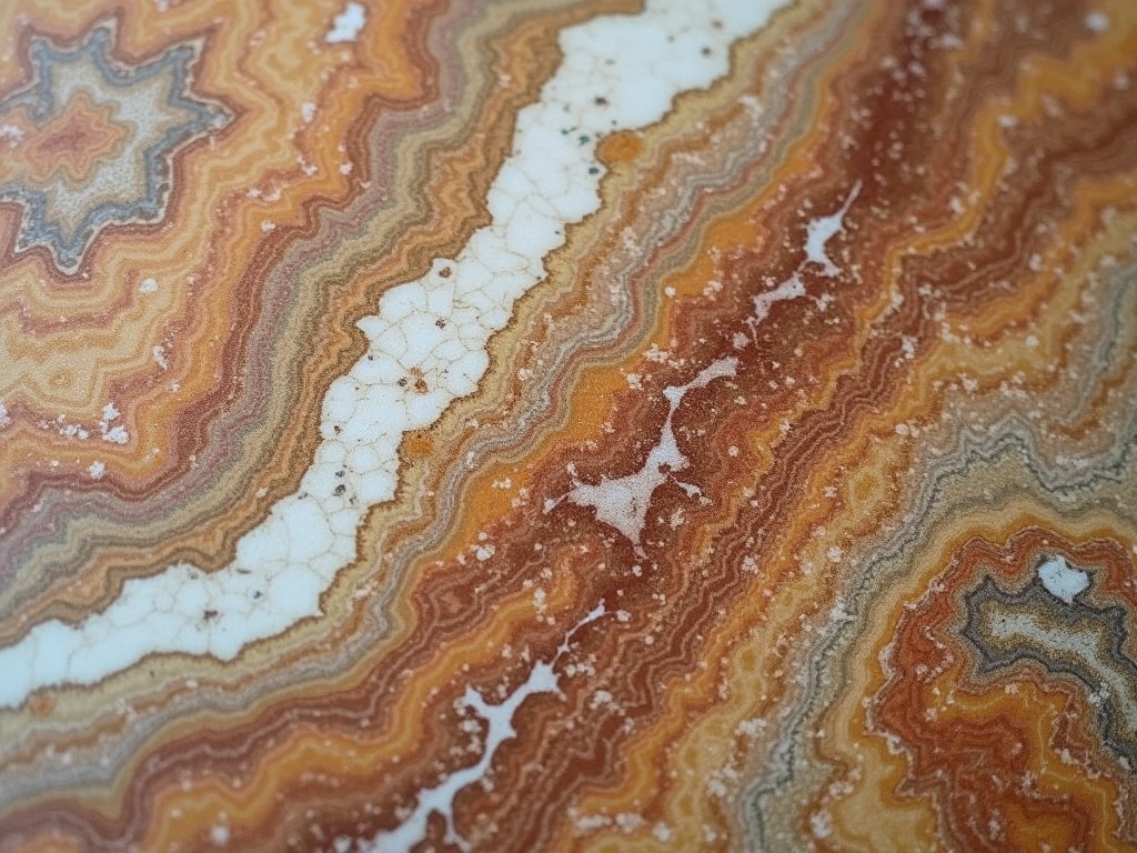 This image displays a close-up of a beautifully polished marble surface. The rich patterns of beige, brown, and orange create a geological wonder. Intricate swirls and veins run through the stone, showcasing nature's artistry. The polished finish reflects light, enhancing the compound colors. This marble is perfect for interior design projects or luxury decor. Its unique patterns would appeal to architects and designers. The natural beauty of the stone adds warmth to any space.