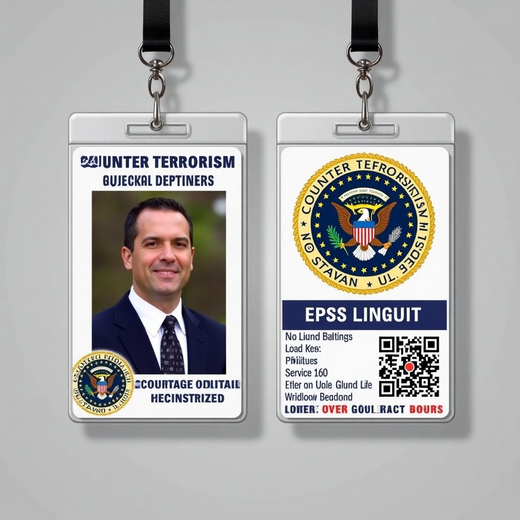 Novelty ID badge for Counter Terrorism Linguist Department. Displays a photo and department name. Incorporates U.S. government colors and symbols. Title 'Counter Terrorism Linguist' emphasized. Ideal for federal service fans and counterterrorism themes.