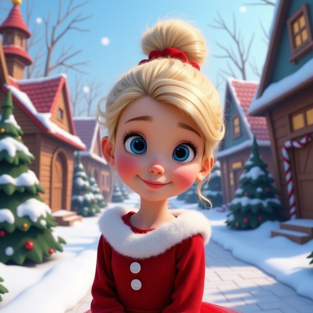 Cindy Lou Who in a winter village. She has blonde hair styled in a ponytail. She wears a red dress with white trim. Background features snowy houses and evergreen trees.