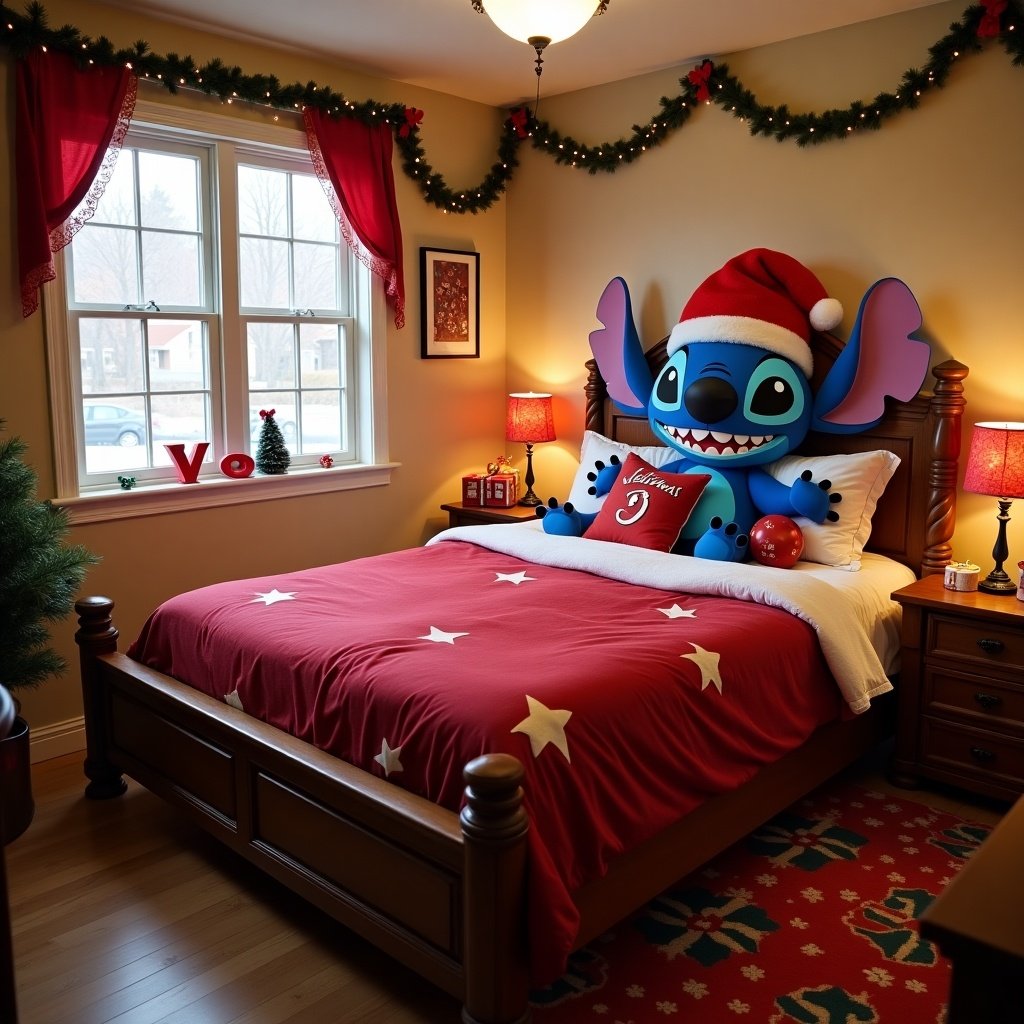 A cozy bedroom decorated for Christmas features a bed with a fun Stitch-themed headboard. Stitch wears a festive Santa hat and sits among Christmas decorations. The room has red and green elements with holiday accents. There are Christmas lights and a tree nearby, creating a cheerful atmosphere.