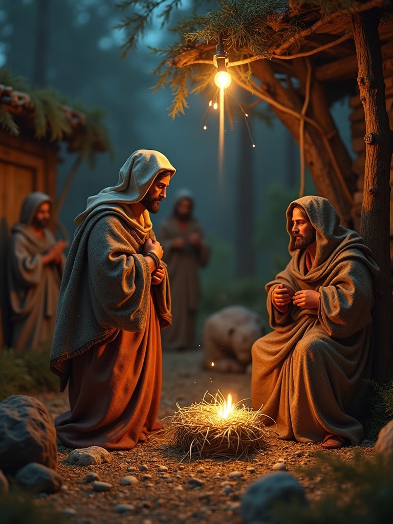 A serene nativity scene featuring cloaked figures gathered around a small fire. The atmosphere is soft and warm. Surrounding forest creates a peaceful setting. A light bulb illuminates the scene, highlighting the importance of this moment.