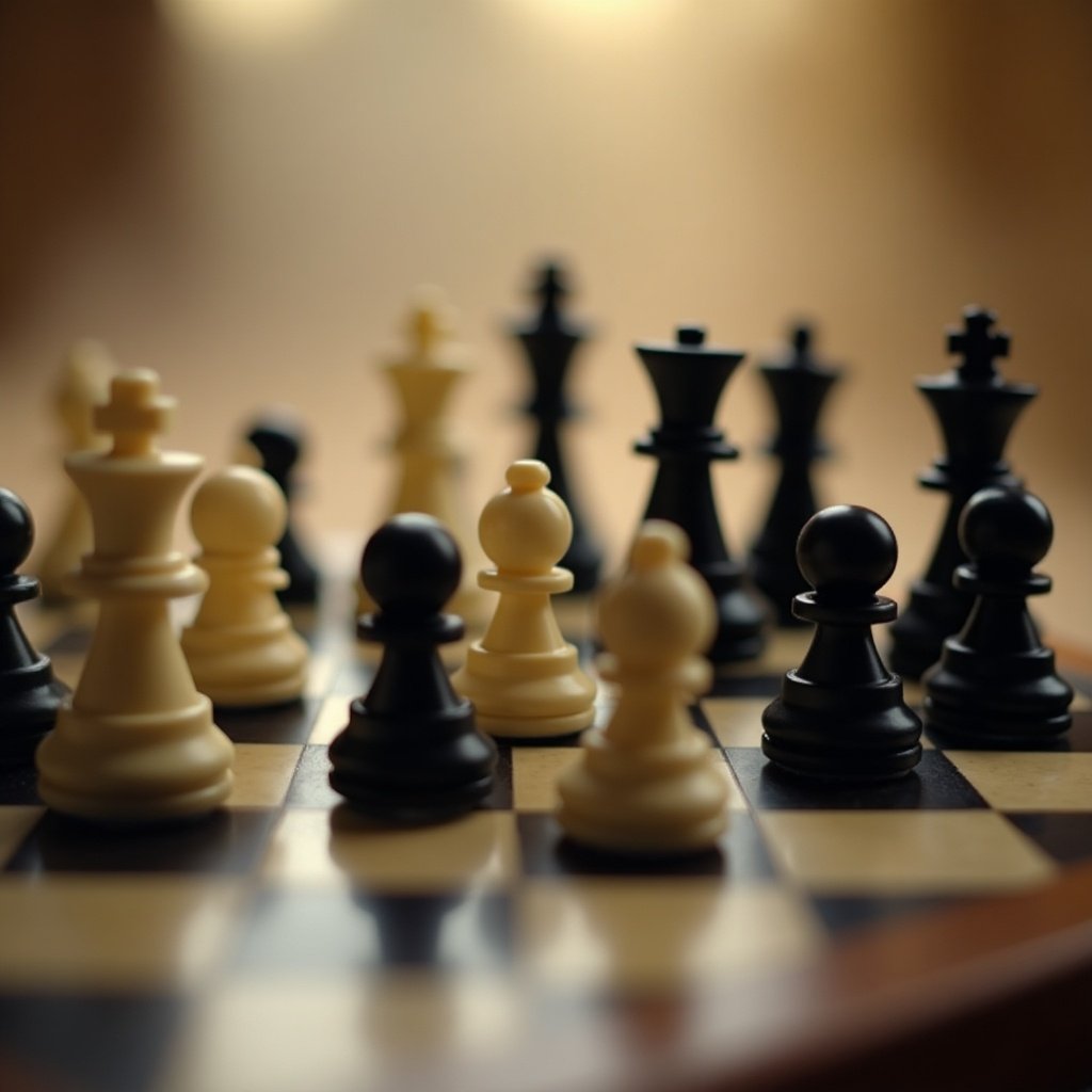 Close-up of chessboard filled with black and creamy white pieces. Pieces positioned strategically highlighting game tension. Background features soft haze creating artistic effect.