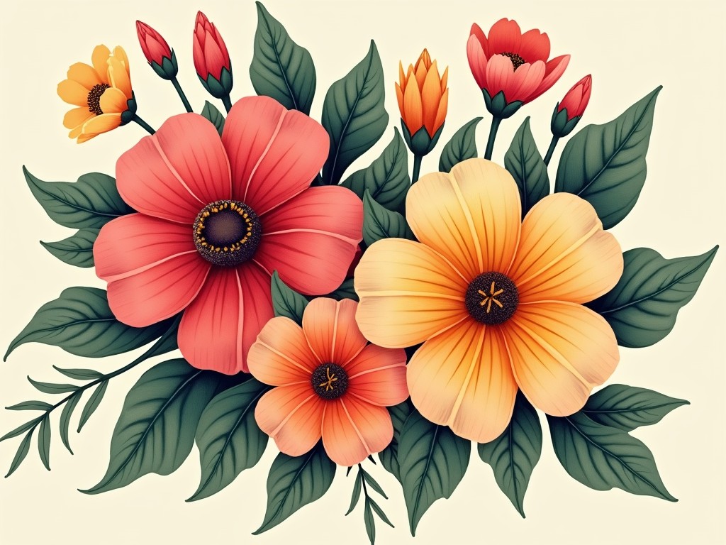 The image features a vibrant floral arrangement with various flowers in shades of coral, yellow, and orange. Lush green leaves surround the flowers, adding a natural touch. The background is a soft, pale color which enhances the vibrancy of the blooms. This composition is ideal for decorative purposes or branding. The flowers are stylized yet realistic, appealing to nature lovers.