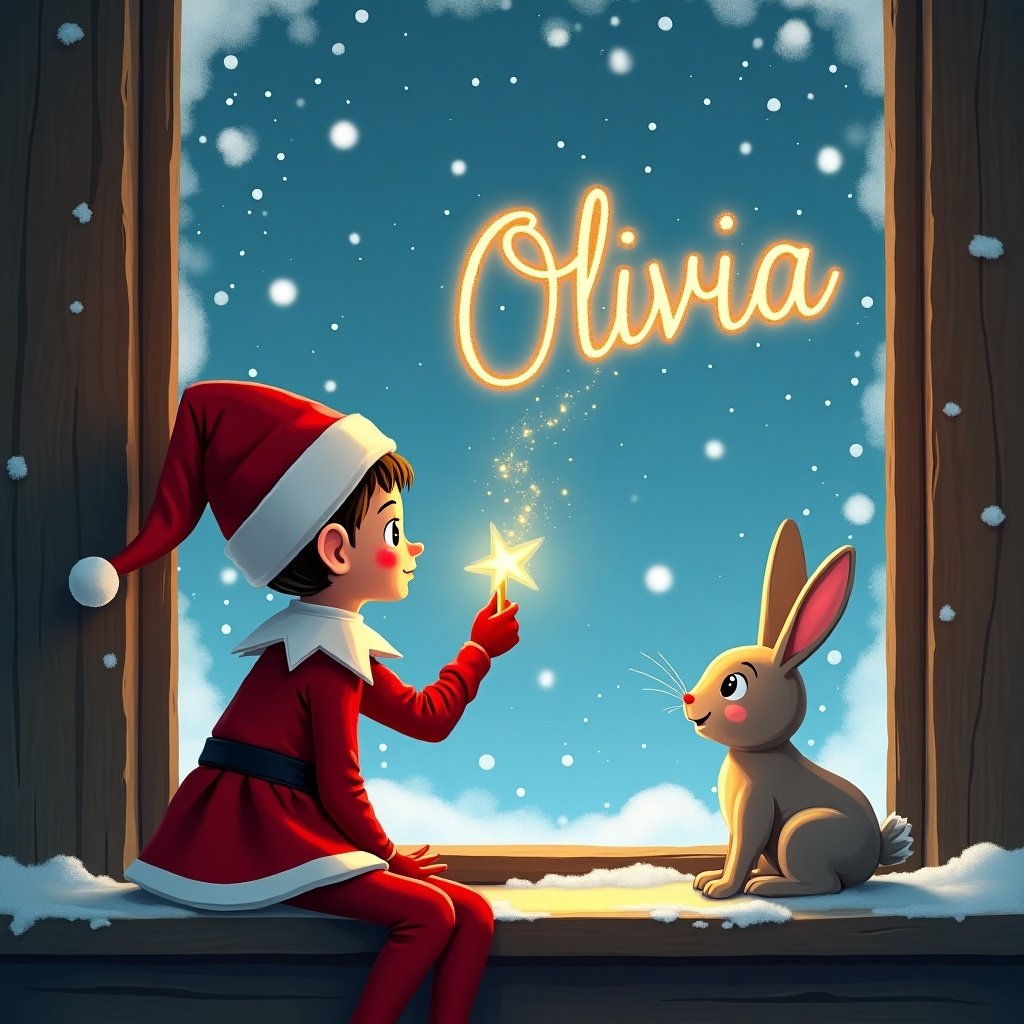 Red elf in traditional outfit holds a magic wand. Snowy window scene. Curious rabbit watches. Elf writes name 'Olivia' in the sky.