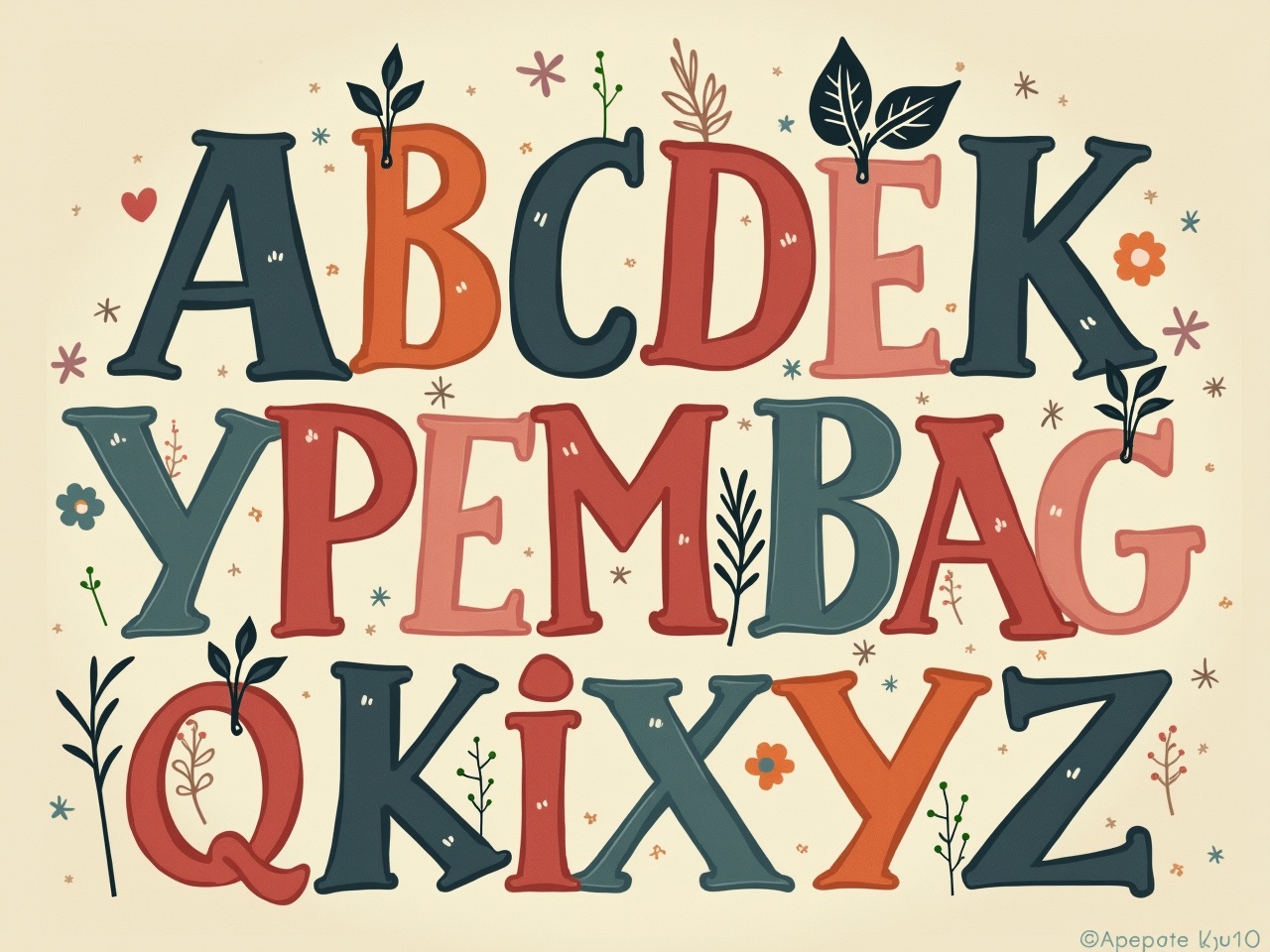 This image showcases a decorative alphabet composed of various colorful letters. The letters are artistically styled with a playful, vintage flair. Each letter has its unique color, including shades of teal, red, and peach. Surrounding the letters are small floral elements and whimsical embellishments, adding a joyful and lively touch. The background is a soft cream color, allowing the letters to stand out beautifully. This illustration is ideal for educational purposes or as cheerful decor.