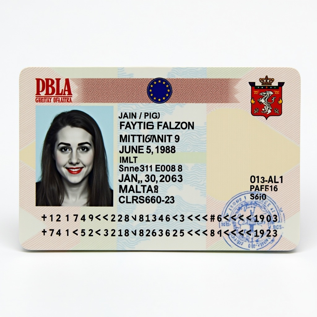 Identity card from Malta with intricate design and European Union emblem. Card holder's name Fayton Falzon, nationality Maltesian, date of birth June 5, 1988. Validity from January 31, 2023 to January 30, 2033. Includes identification numbers and signature.