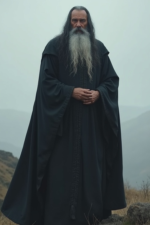 An old priest stands on a hill. He has long grey black hair. He wears a ceremonial robe. The atmosphere is mystical and serene. He looks stern and wise.